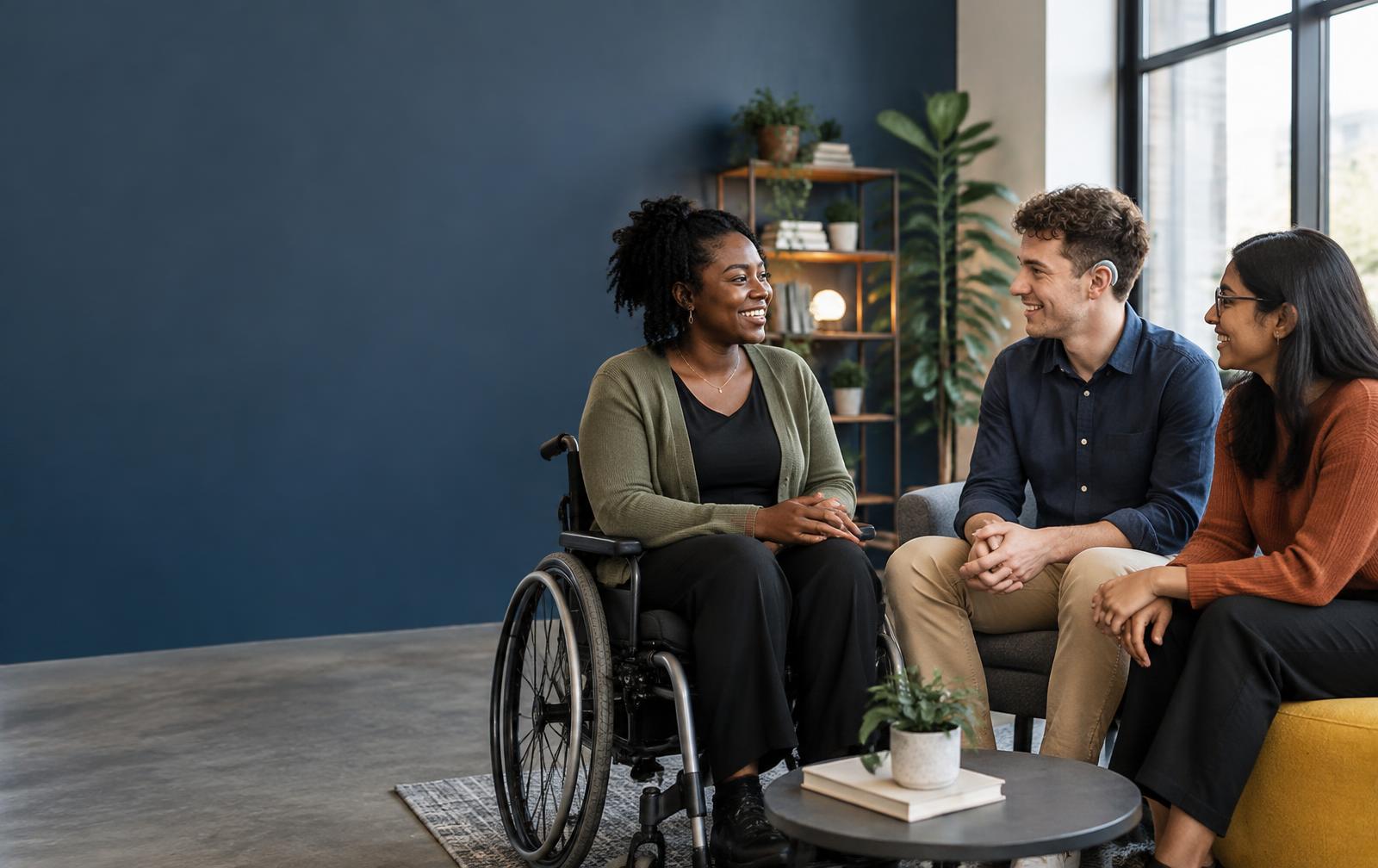Illustration of diverse adults in conversation in a welcoming workspace, including a wheelchair user and a person wearing a hearing aid.